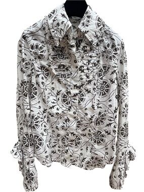Charles Chang-Lima Brown and White Floral Button Down Shirt Front Placket Bib